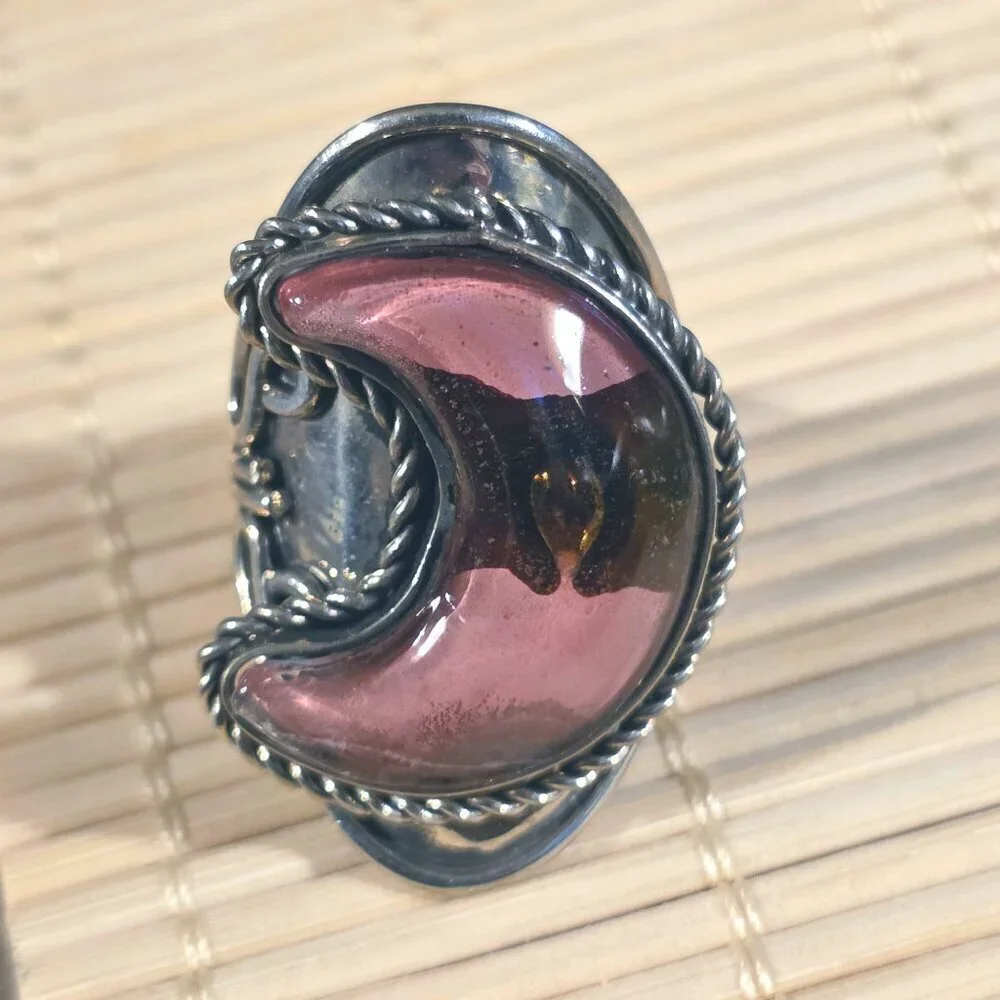 Peruvian Fused Art Glass Purplish Pink Silver Crescent Moon OOAK Artisan Ring